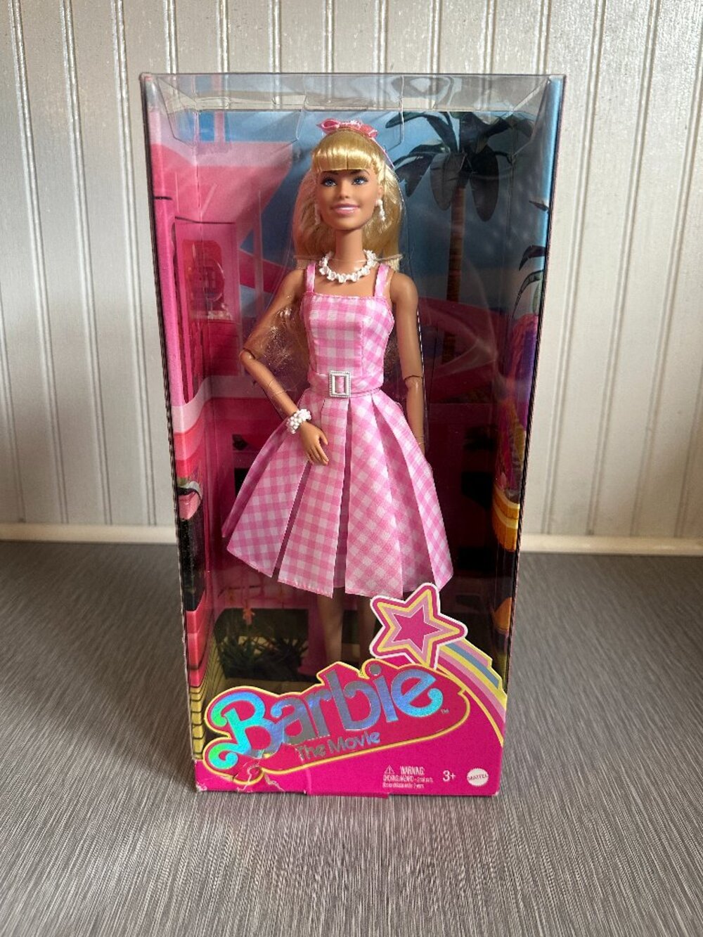 Barbie The Movie Doll Margot Robbie Collectible Wearing Pink & Gingham Dress